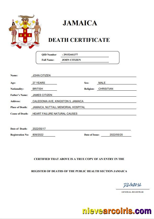 Jamaica vital record death certificate